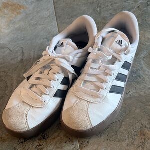 adidas Women’s White Sneakers with Black Stripes and Brown Sole